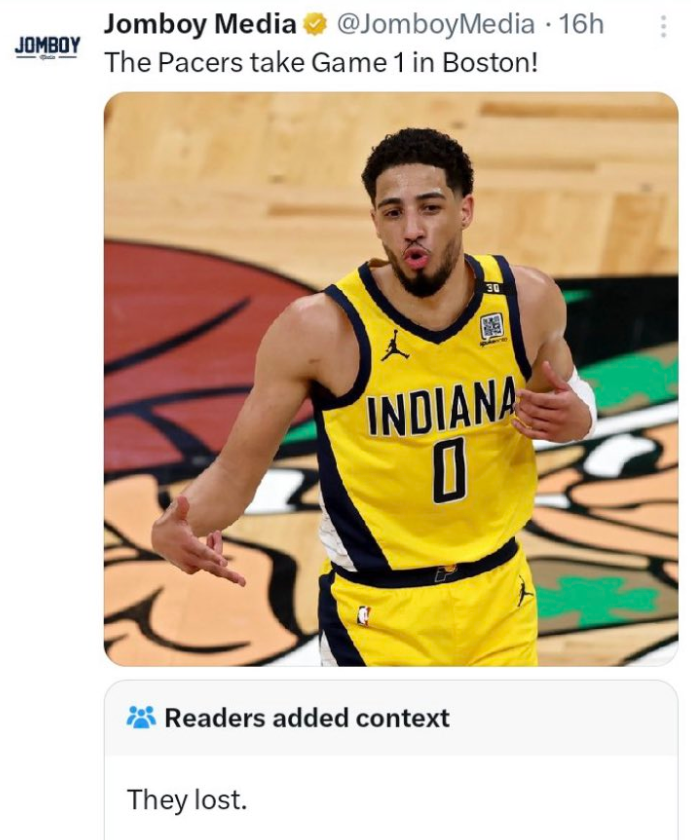 Tyrese Haliburton - Jomboy Jomboy Media 16h The Pacers take Game 1 in Boston! Indiana 0 Readers added context They lost.